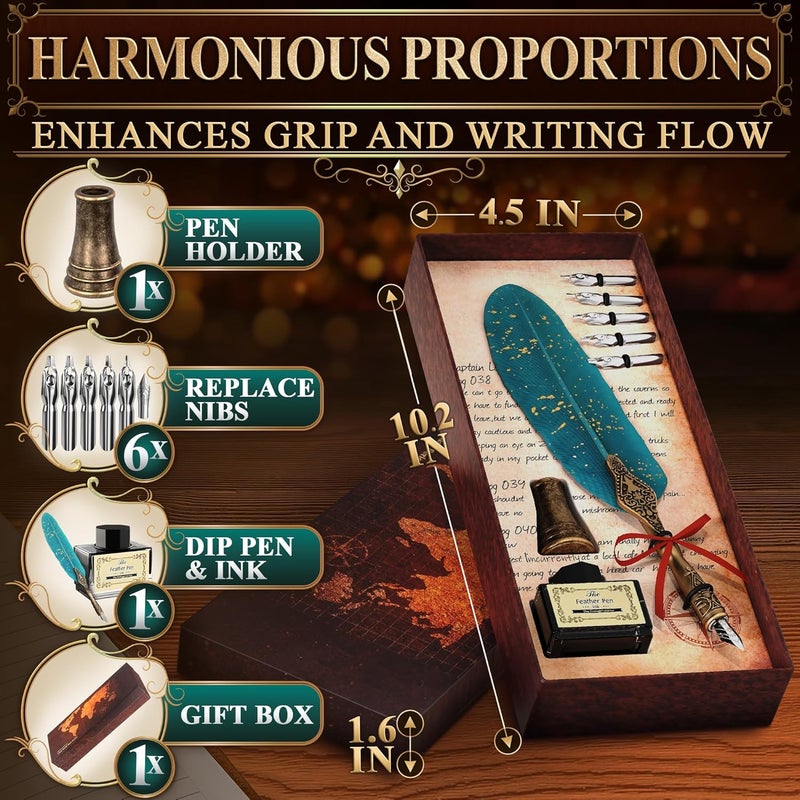 Kotko Turquoise Feather Quill Pen and Ink Set – Stainless Steel Dip Pen with 5 Nibs, Non-Slip Grip, Stand & Gift Box – Vintage Quill and Ink Set for Signing, Writing Calligraphy Kit, Elegant Writer Gift - Image 2